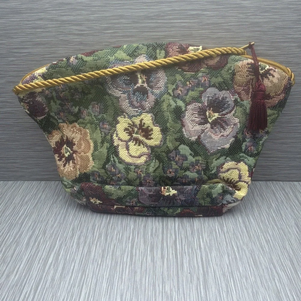 Vintage Decor de France Cosmetic Bag Pansy Floral Tapestry Makeup Pouch